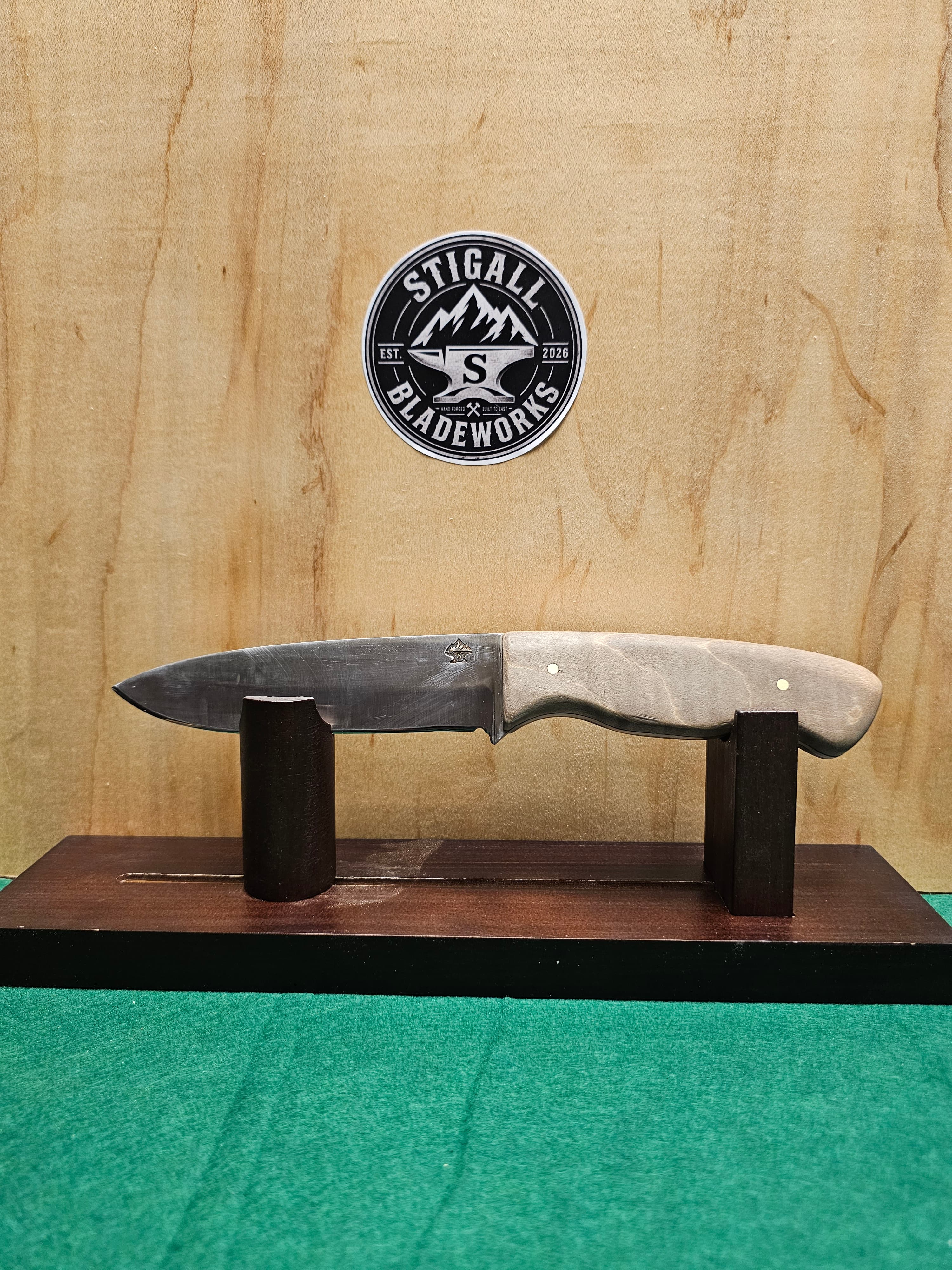 Spearpoint Belt Knife — hand-forged camp knife knife in 1084 with a Stabilized Curly Maple handle by Stigall Bladeworks