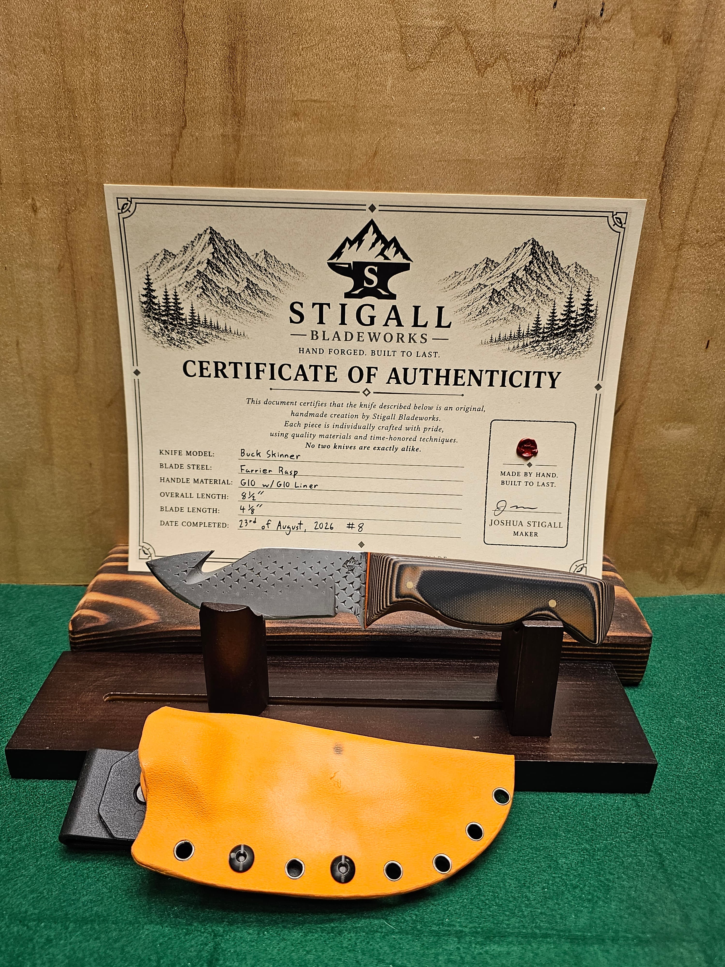 Buck Skinner — hand-forged hunter knife in Farrier Rasp with a G10 w/G10 Liner handle by Stigall Bladeworks